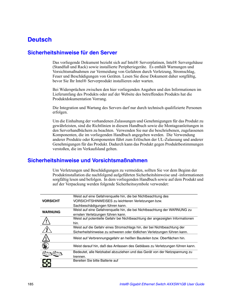 Deutsch, Sicherheitshinweise für den server, Sicherheitshinweise und vorsichtsmaßnahmen | Intel AXXSW1GB User Manual | Page 198 / 220