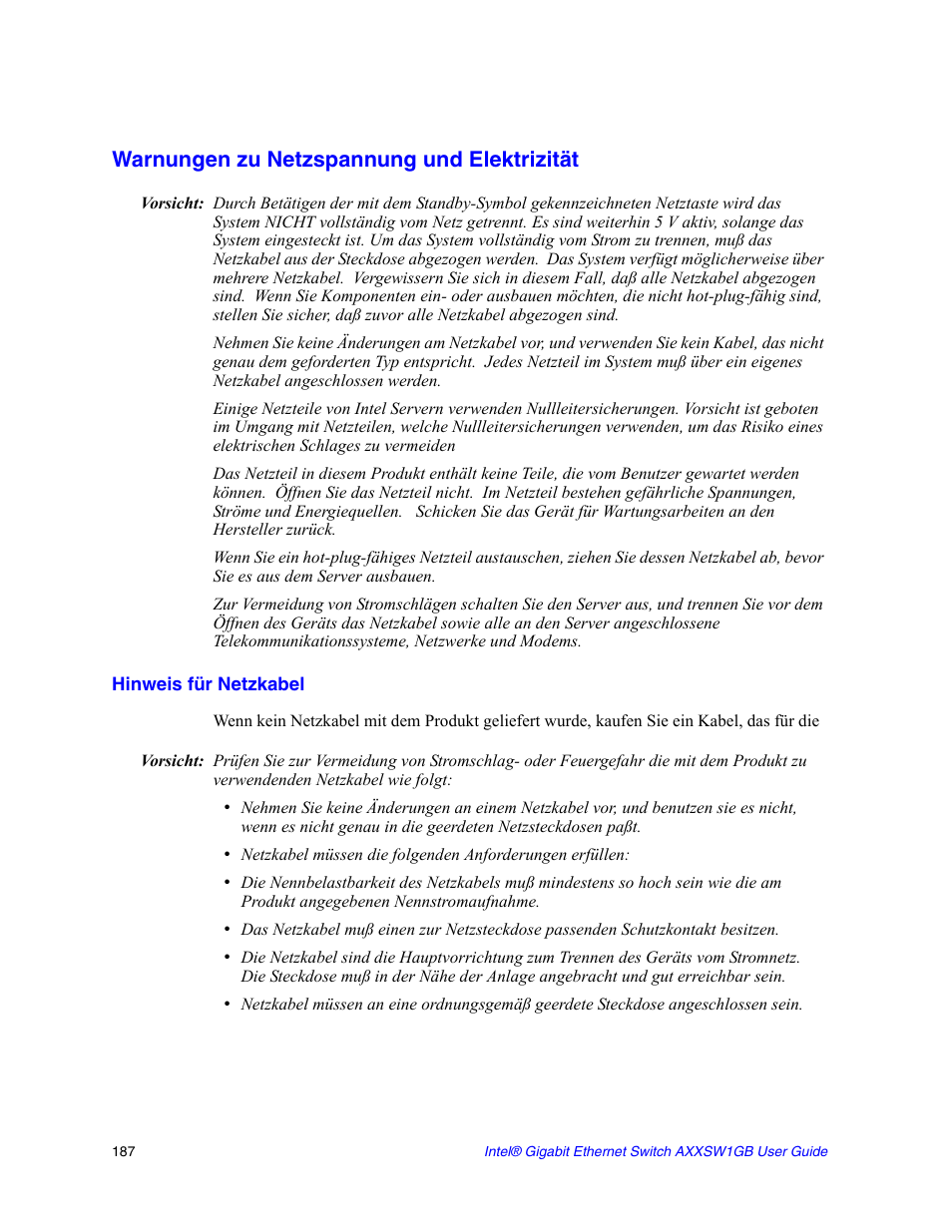 Hinweis für netzkabel, Warnungen zu netzspannung und elektrizität | Intel AXXSW1GB User Manual | Page 200 / 220