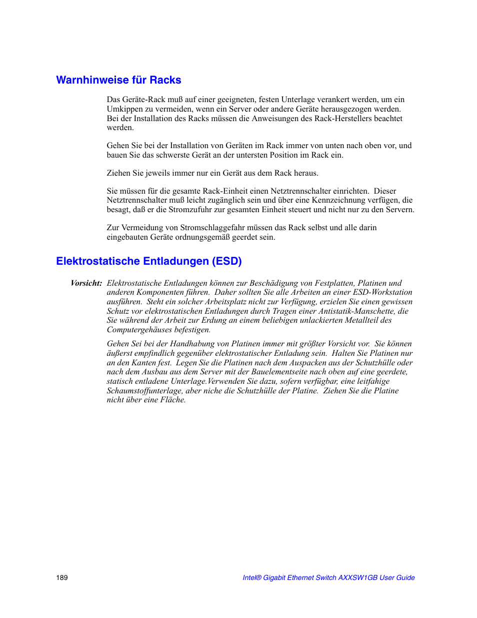 Elektrostatische entladungen (esd), Warnhinweise für racks | Intel AXXSW1GB User Manual | Page 202 / 220