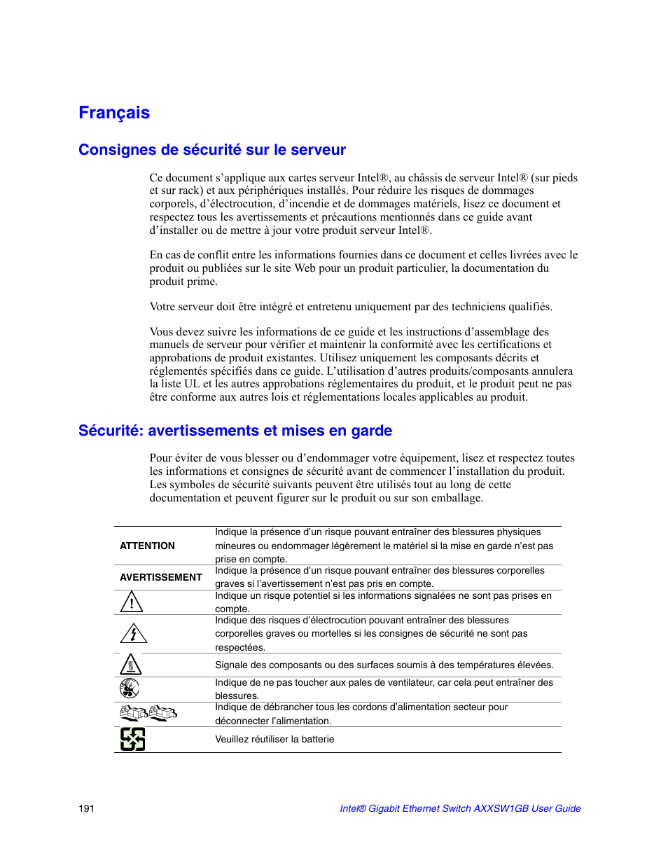 Français, Consignes de sécurité sur le serveur, Sécurité: avertissements et mises en garde | Intel AXXSW1GB User Manual | Page 204 / 220