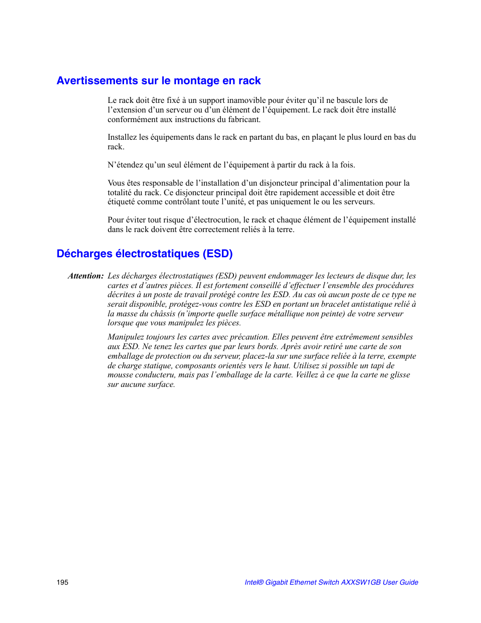 Décharges électrostatiques (esd), Avertissements sur le montage en rack | Intel AXXSW1GB User Manual | Page 208 / 220