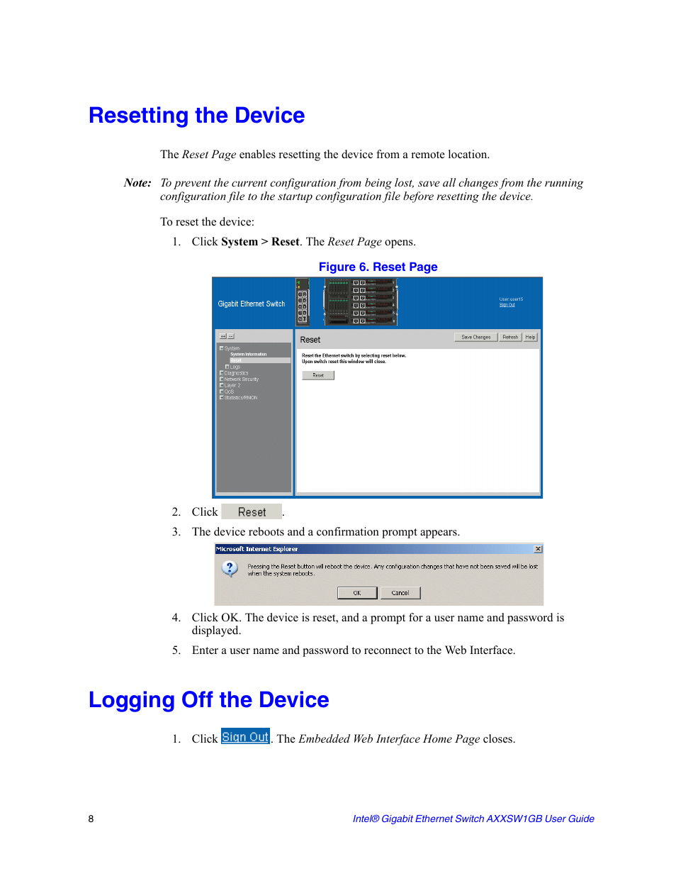 Resetting the device, Logging off the device | Intel AXXSW1GB User Manual | Page 21 / 220