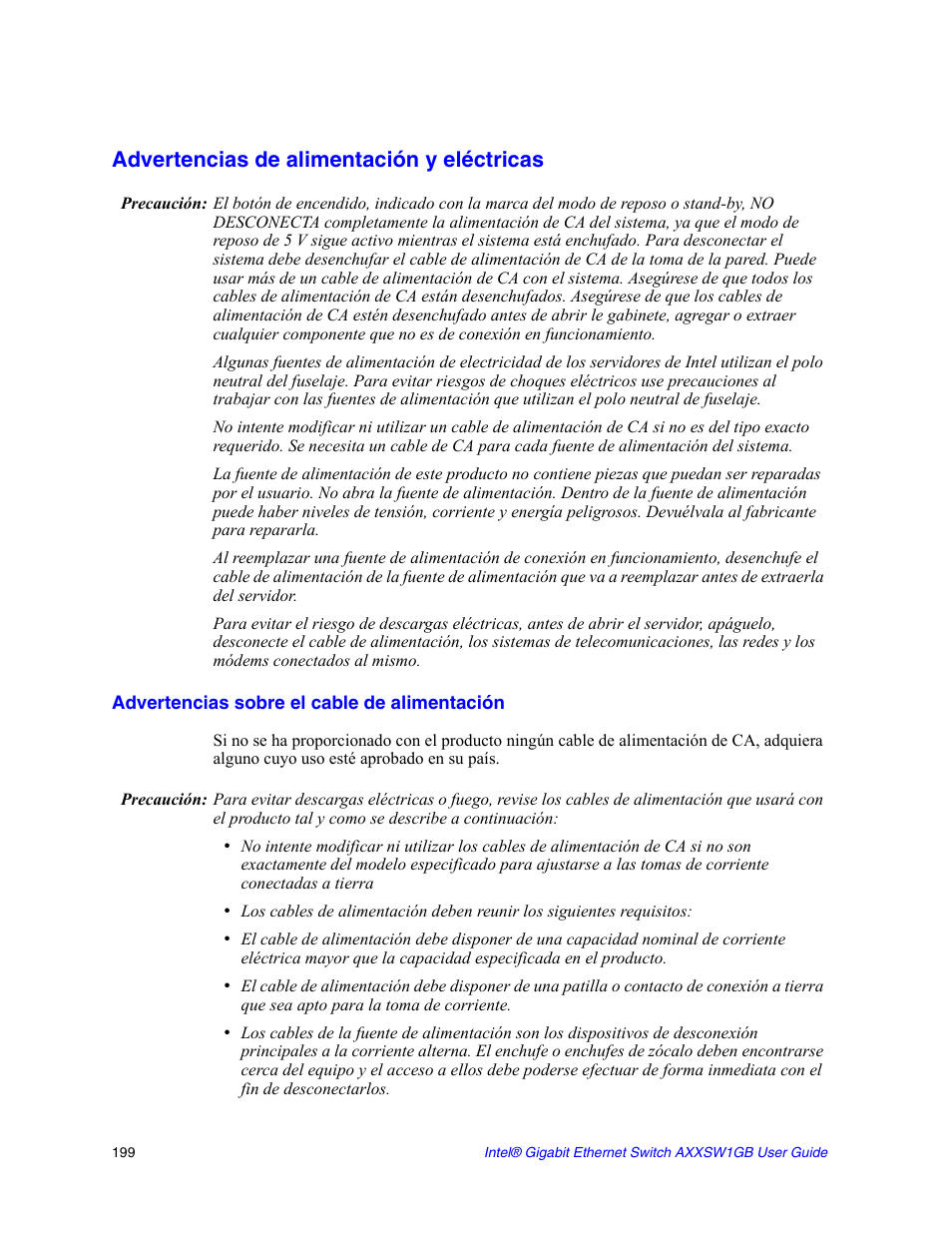 Advertencias sobre el cable de alimentación, Advertencias de alimentación y eléctricas | Intel AXXSW1GB User Manual | Page 212 / 220