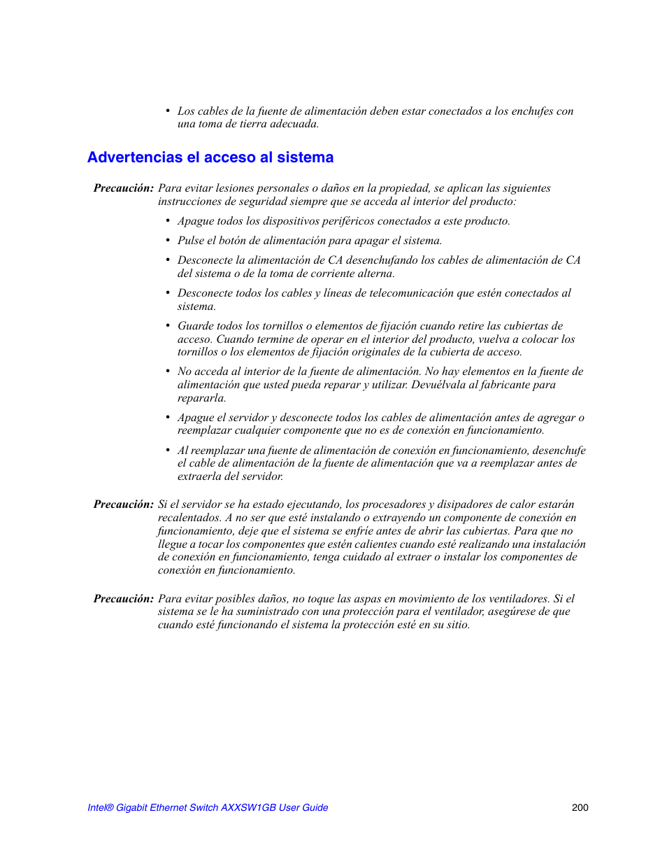 Advertencias el acceso al sistema | Intel AXXSW1GB User Manual | Page 213 / 220