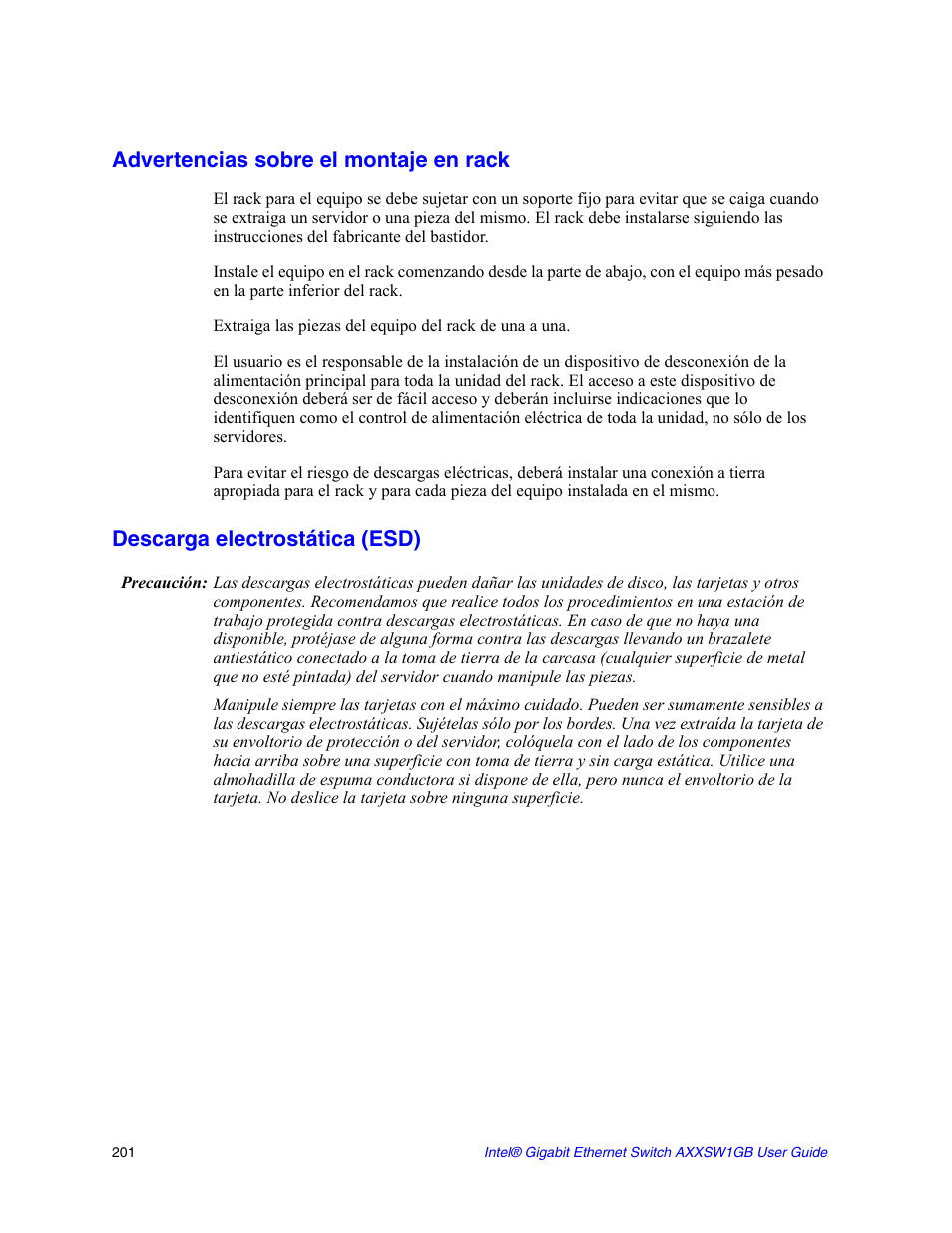Descarga electrostática (esd), Advertencias sobre el montaje en rack | Intel AXXSW1GB User Manual | Page 214 / 220