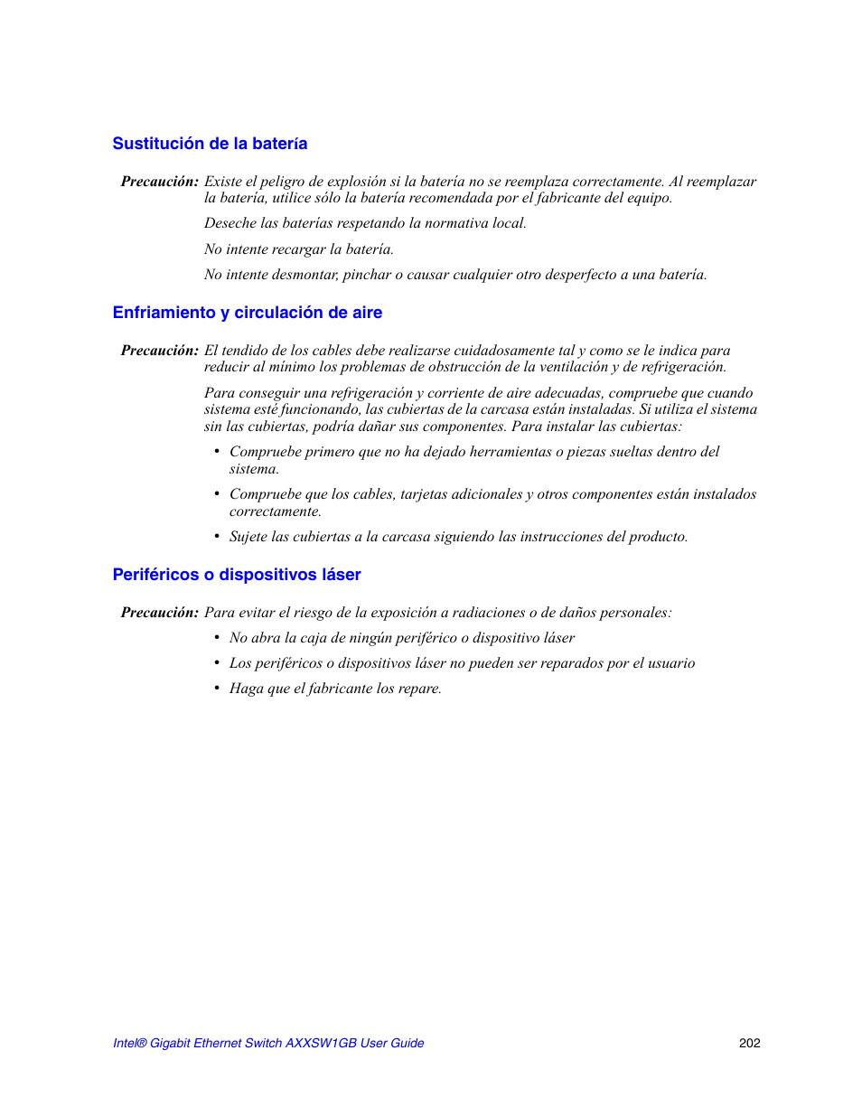 Sustitución de la batería, Enfriamiento y circulación de aire, Periféricos o dispositivos láser | Intel AXXSW1GB User Manual | Page 215 / 220