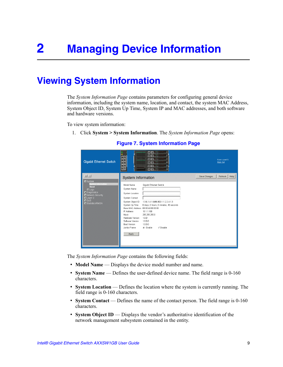 2 managing device information, Viewing system information, Managing device information | Intel AXXSW1GB User Manual | Page 22 / 220