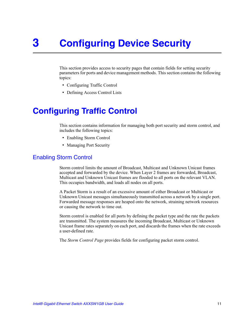 3 configuring device security, Configuring traffic control, Enabling storm control | Configuring device security | Intel AXXSW1GB User Manual | Page 24 / 220