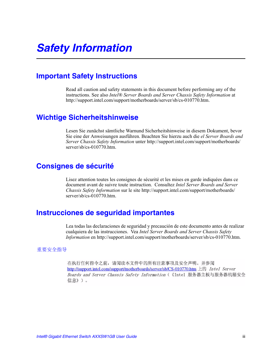 Safety information, Important safety instructions, Wichtige sicherheitshinweise | Consignes de sécurité, Instrucciones de seguridad importantes | Intel AXXSW1GB User Manual | Page 3 / 220