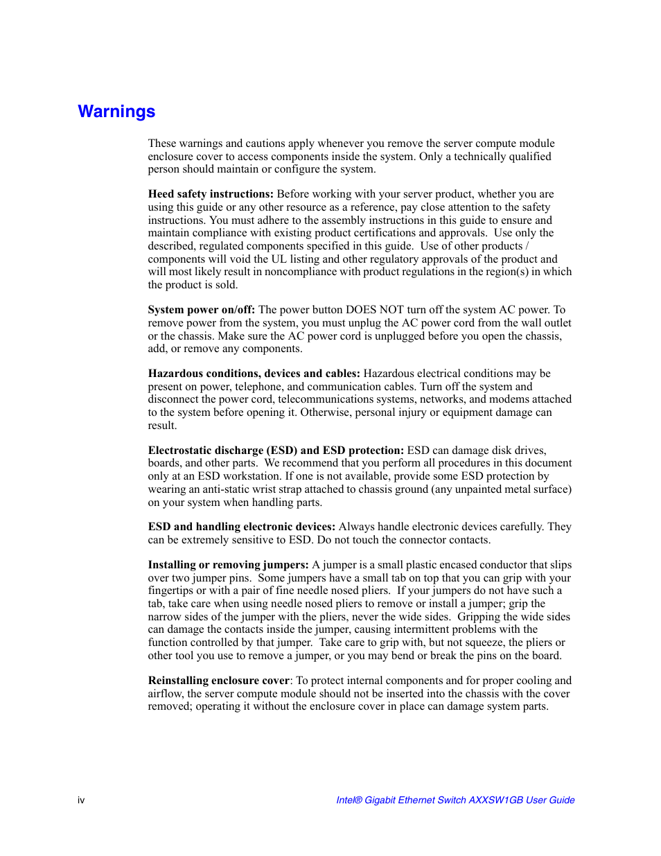 Warnings | Intel AXXSW1GB User Manual | Page 4 / 220
