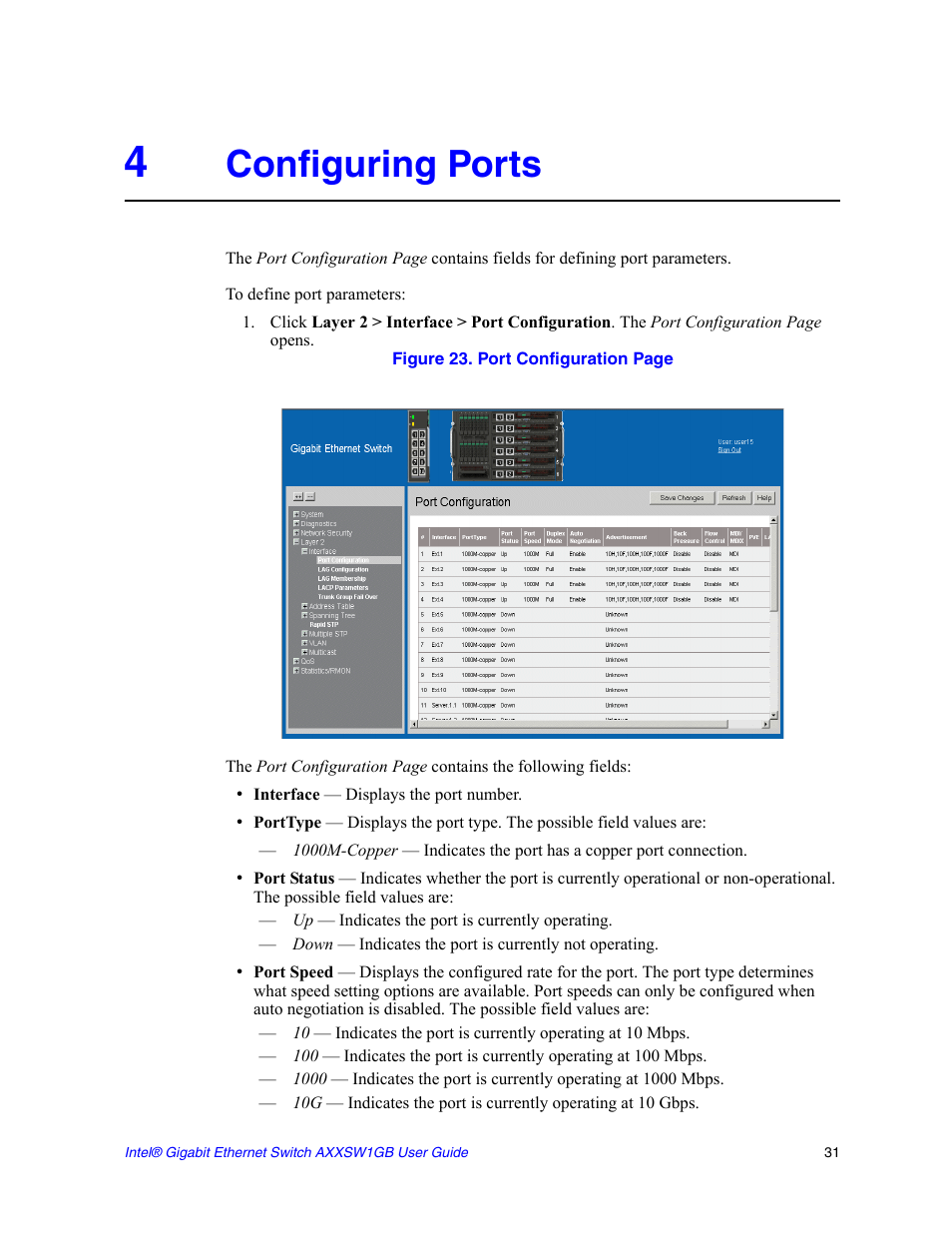 4 configuring ports, Configuring ports, The port | Intel AXXSW1GB User Manual | Page 44 / 220