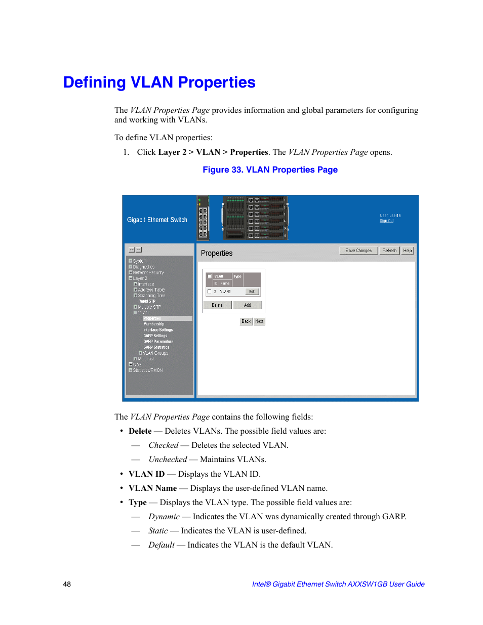 Defining vlan properties | Intel AXXSW1GB User Manual | Page 61 / 220