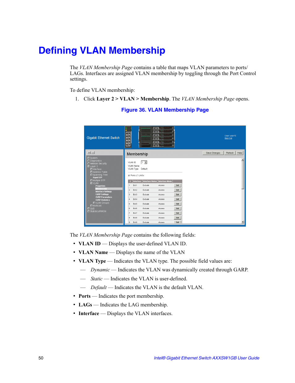 Defining vlan membership | Intel AXXSW1GB User Manual | Page 63 / 220