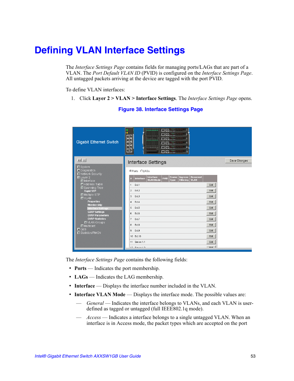 Defining vlan interface settings | Intel AXXSW1GB User Manual | Page 66 / 220