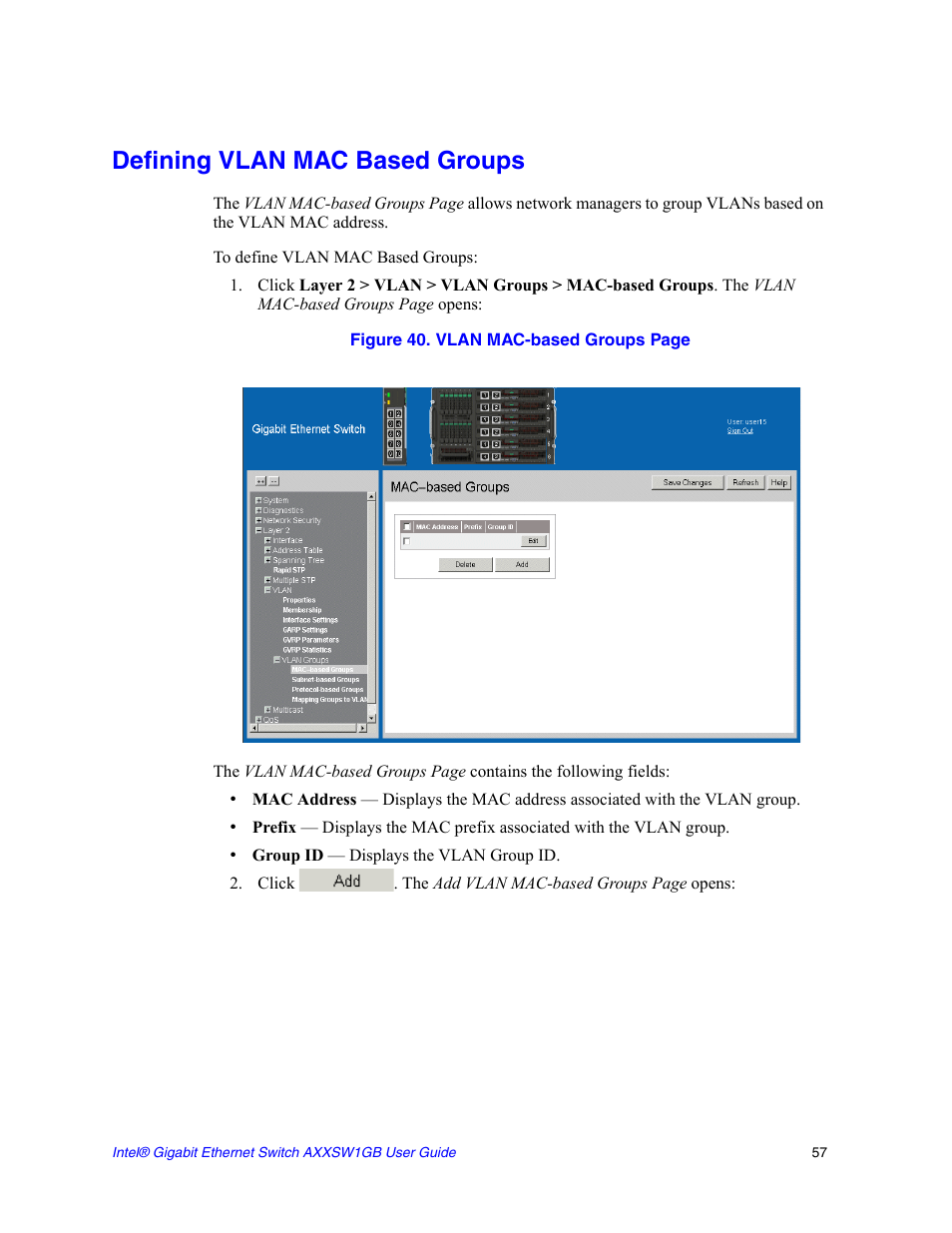 Defining vlan mac based groups | Intel AXXSW1GB User Manual | Page 70 / 220