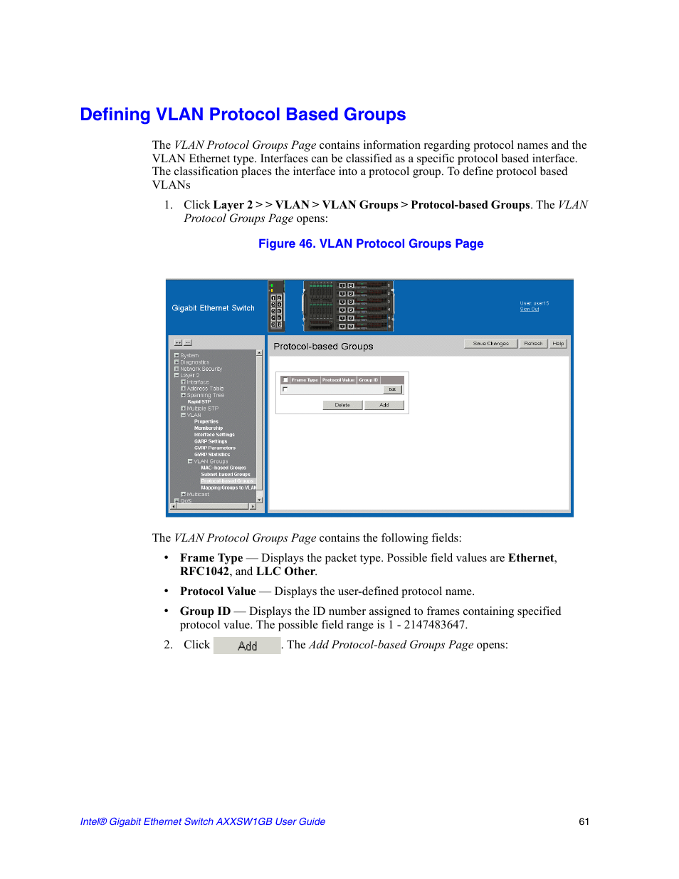 Defining vlan protocol based groups | Intel AXXSW1GB User Manual | Page 74 / 220
