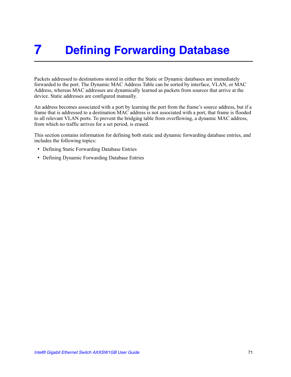 7 defining forwarding database, Defining forwarding database | Intel AXXSW1GB User Manual | Page 84 / 220
