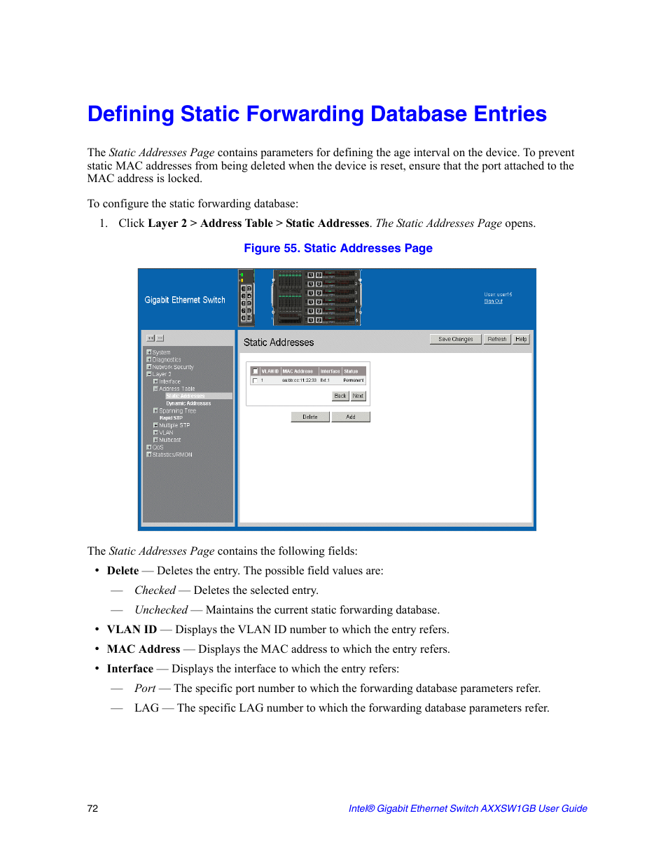 Defining static forwarding database entries | Intel AXXSW1GB User Manual | Page 85 / 220