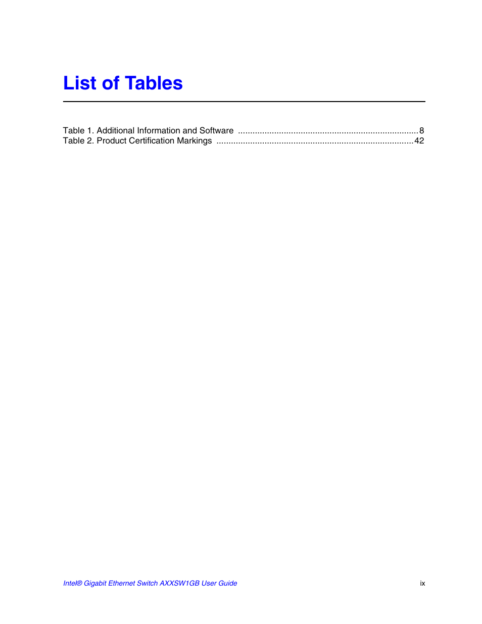 List of tables | Intel AXXSW1GB User Manual | Page 9 / 220