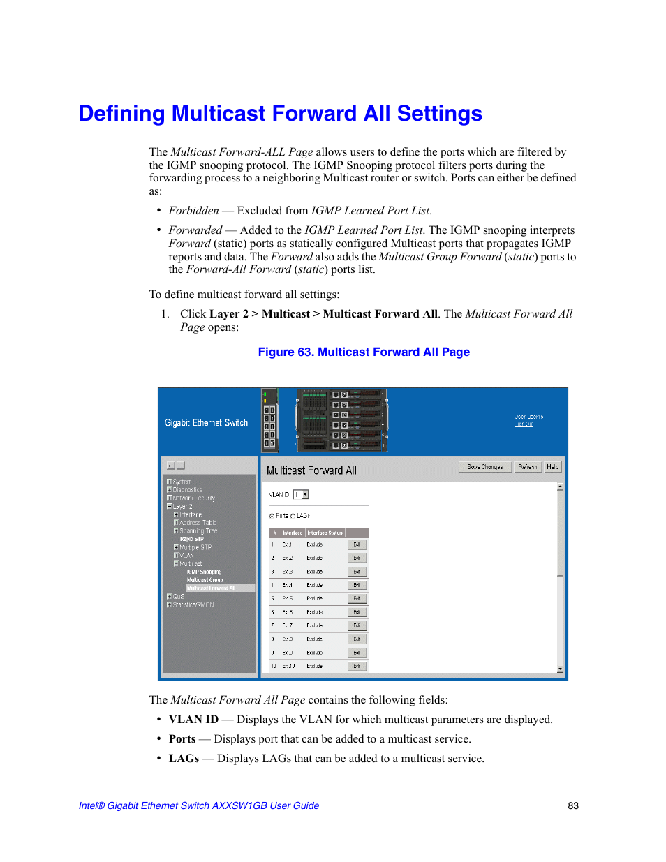 Defining multicast forward all settings | Intel AXXSW1GB User Manual | Page 96 / 220