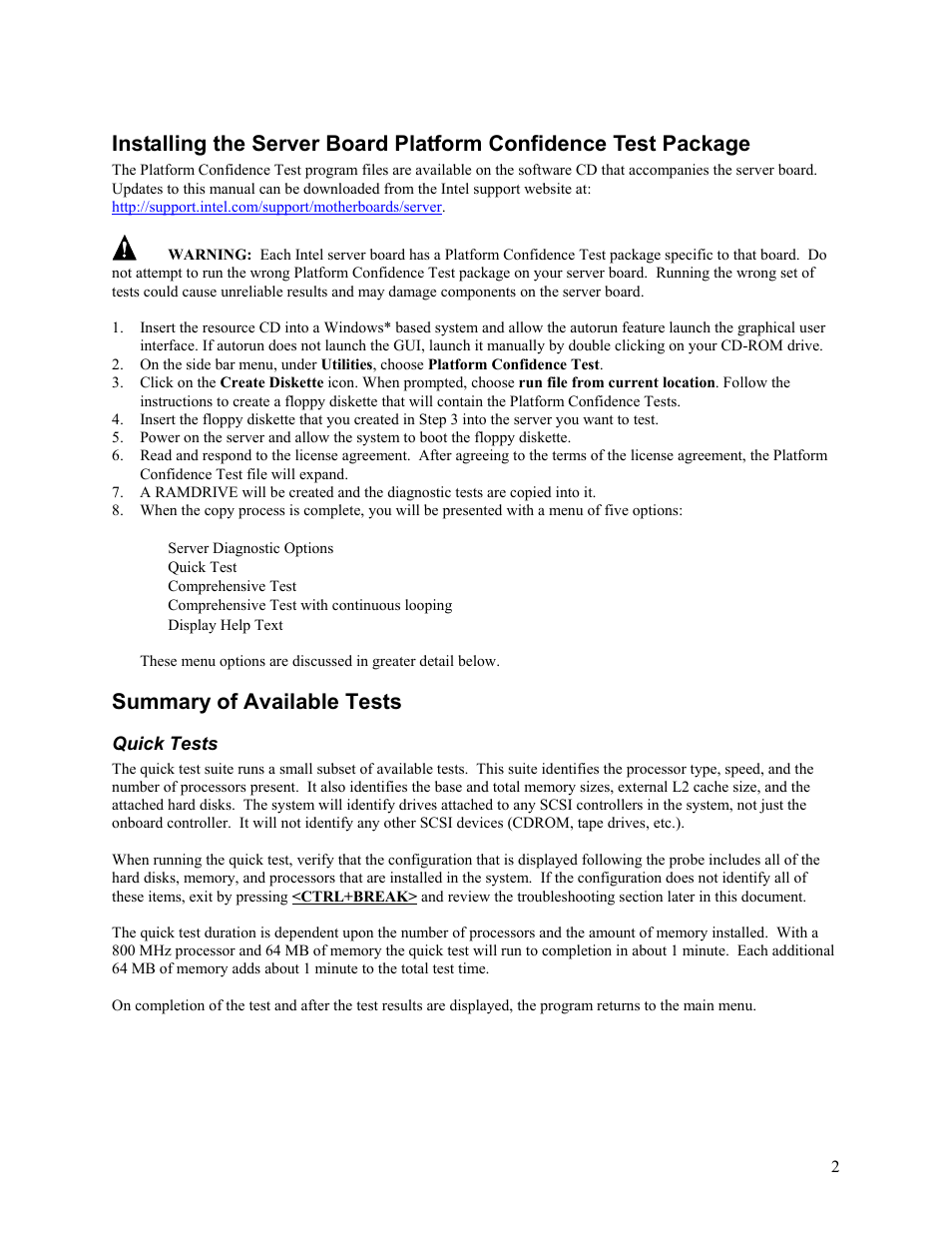 Quick tests, Summary of available tests | Intel A96134-002 User Manual | Page 5 / 10