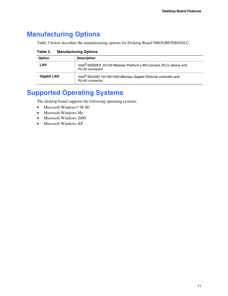 Manufacturing options, Supported operating systems, Desktop board differences | Intel D865GBF User Manual | Page 11 / 94