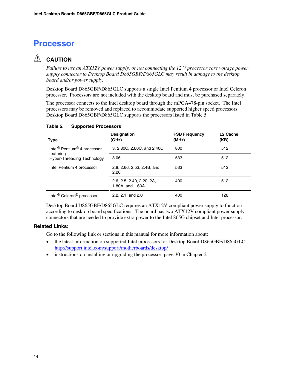 Processor, Manufacturing options | Intel D865GBF User Manual | Page 14 / 94