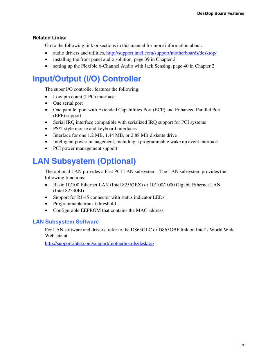 Input/output (i/o) controller, Lan subsystem (optional), Lan subsystem software | Intel D865GBF User Manual | Page 17 / 94