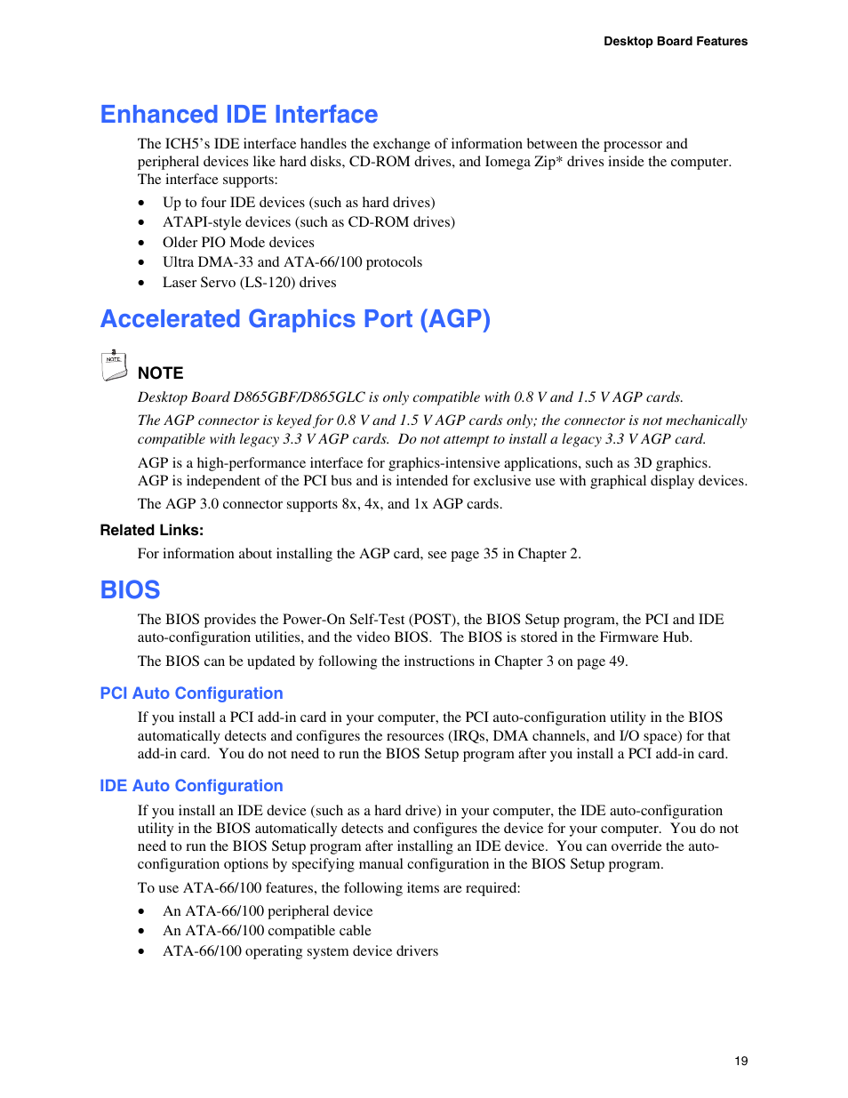 Enhanced ide interface, Accelerated graphics port (agp), Bios | Pci auto configuration, Ide auto configuration, Expansion capabilities | Intel D865GBF User Manual | Page 19 / 94