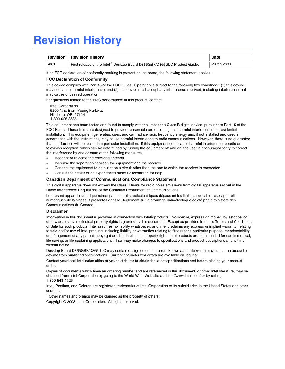 Revision history / disclaimer, Revision history | Intel D865GBF User Manual | Page 2 / 94