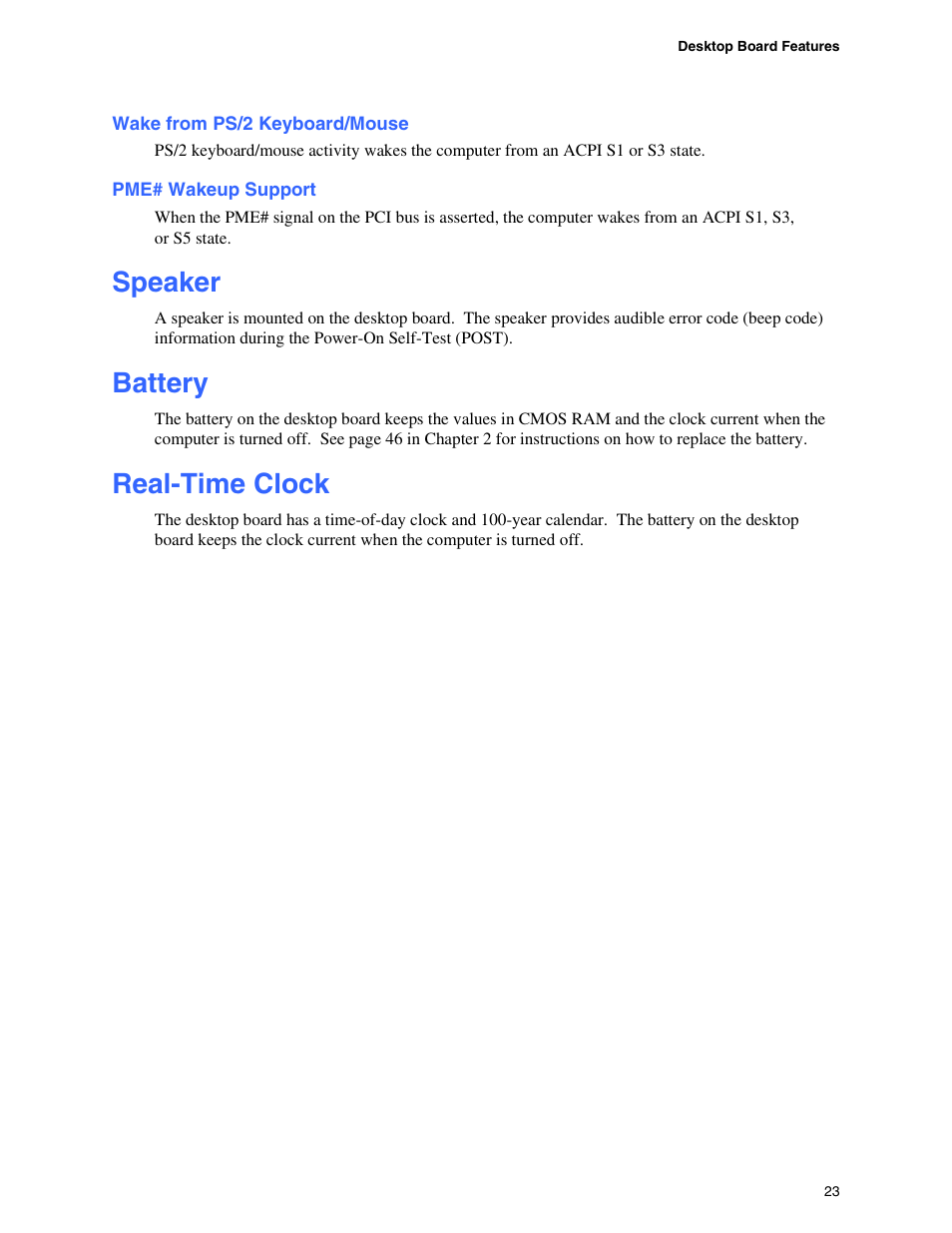 Wake from ps/2 keyboard/mouse, Pme# wakeup support, Speaker | Battery, Real-time clock | Intel D865GBF User Manual | Page 23 / 94
