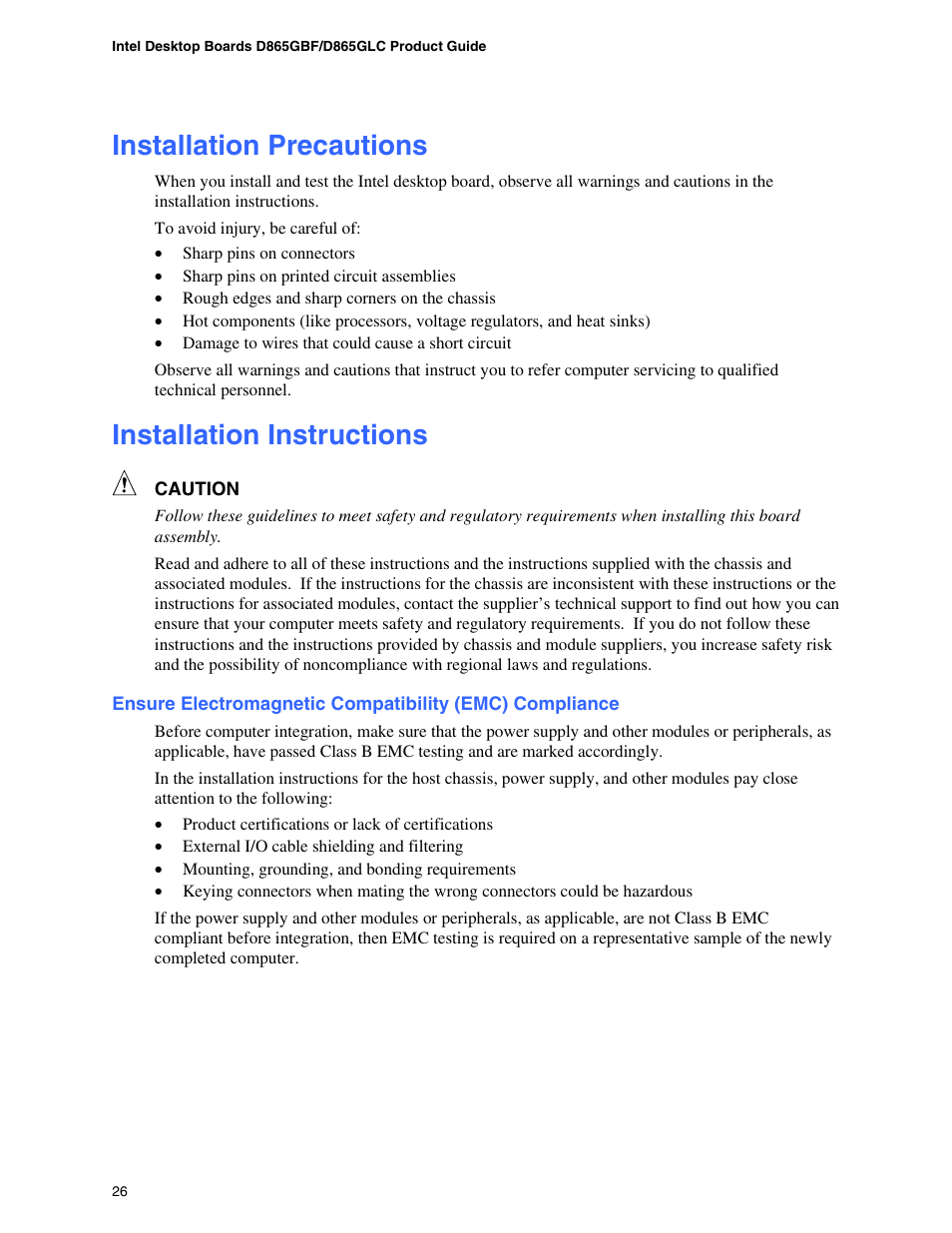Installation precautions, Installation instructions | Intel D865GBF User Manual | Page 26 / 94