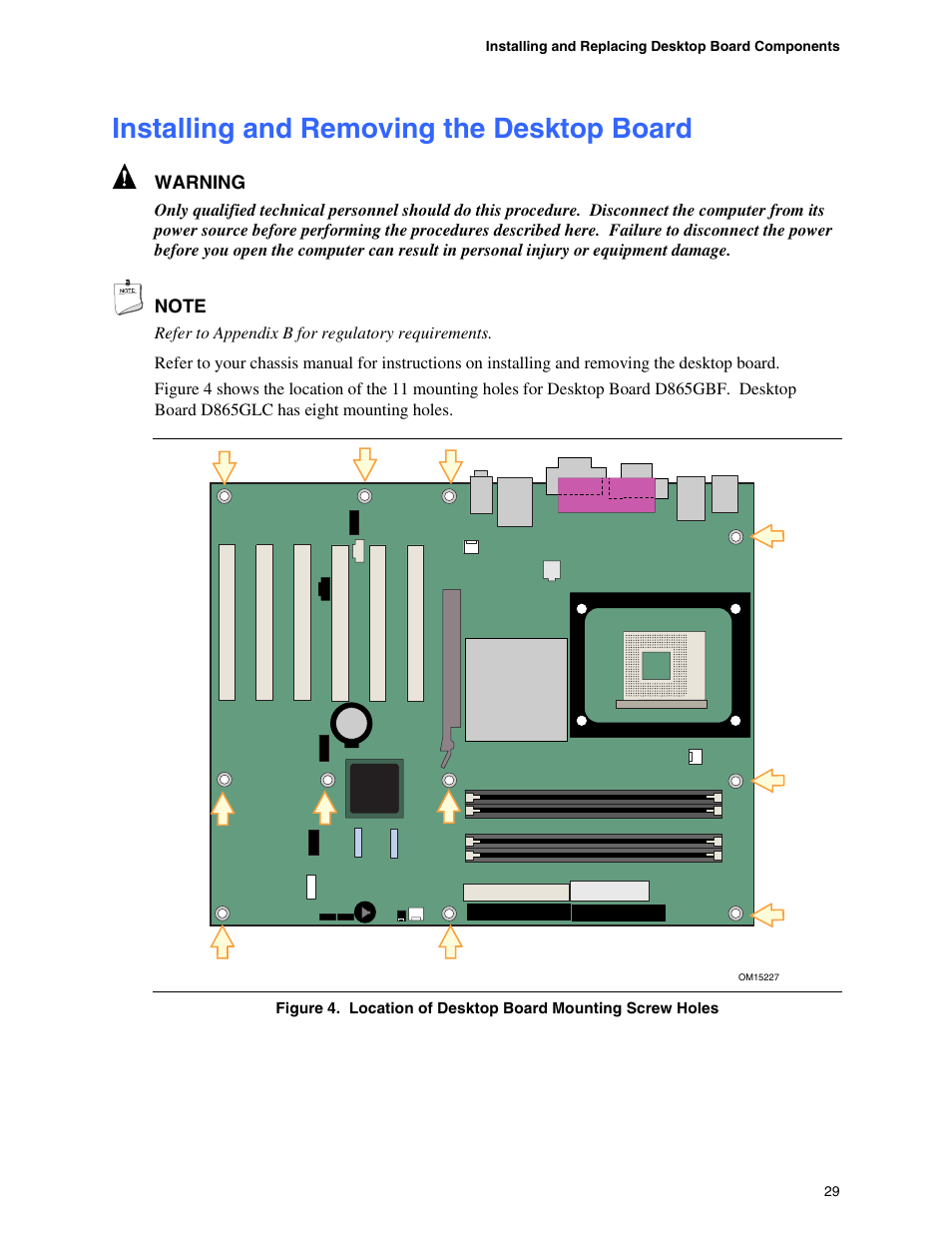 Installing and removing the desktop board, Installing the i/o shield | Intel D865GBF User Manual | Page 29 / 94
