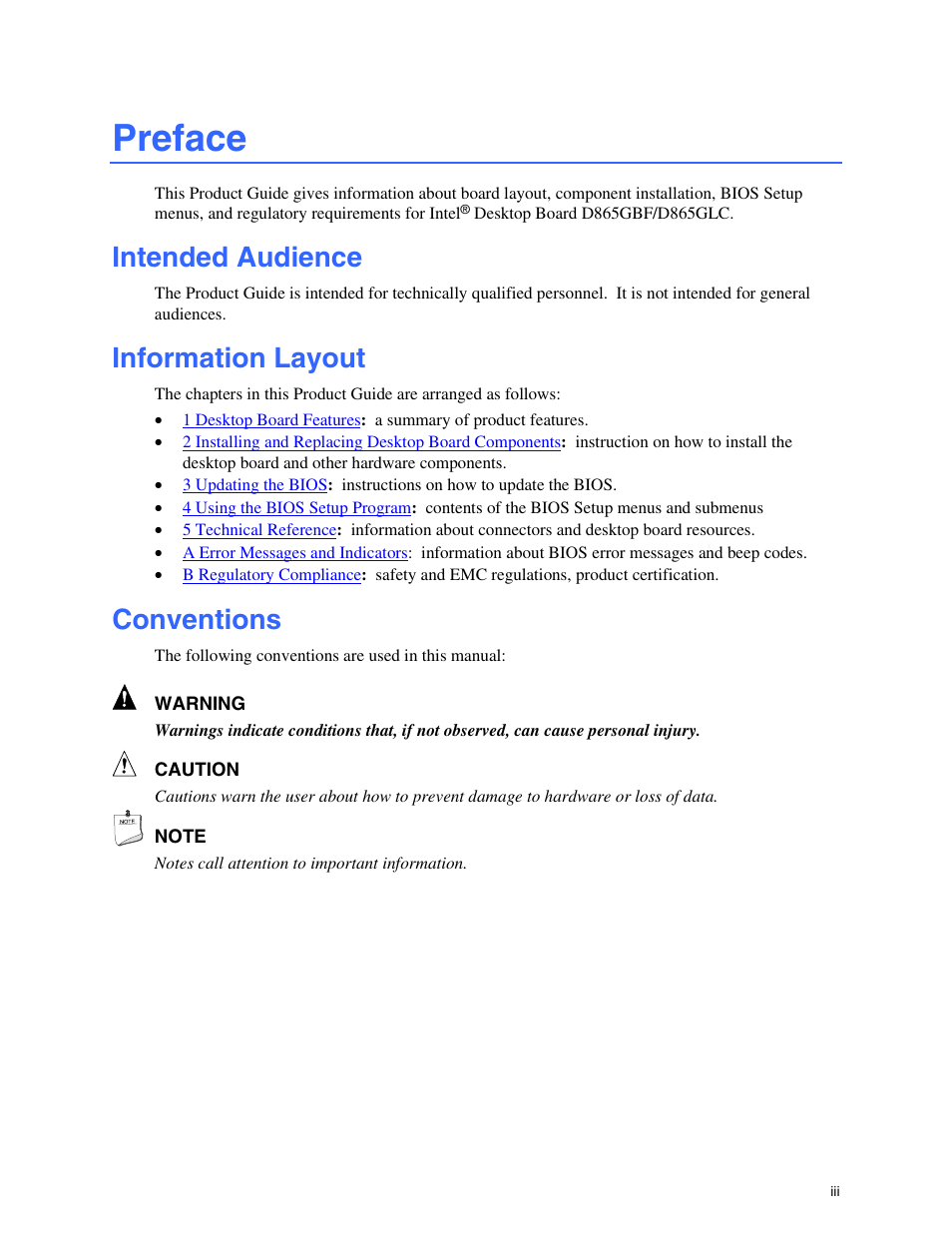 Preface, Intended audience, Information layout | Conventions | Intel D865GBF User Manual | Page 3 / 94