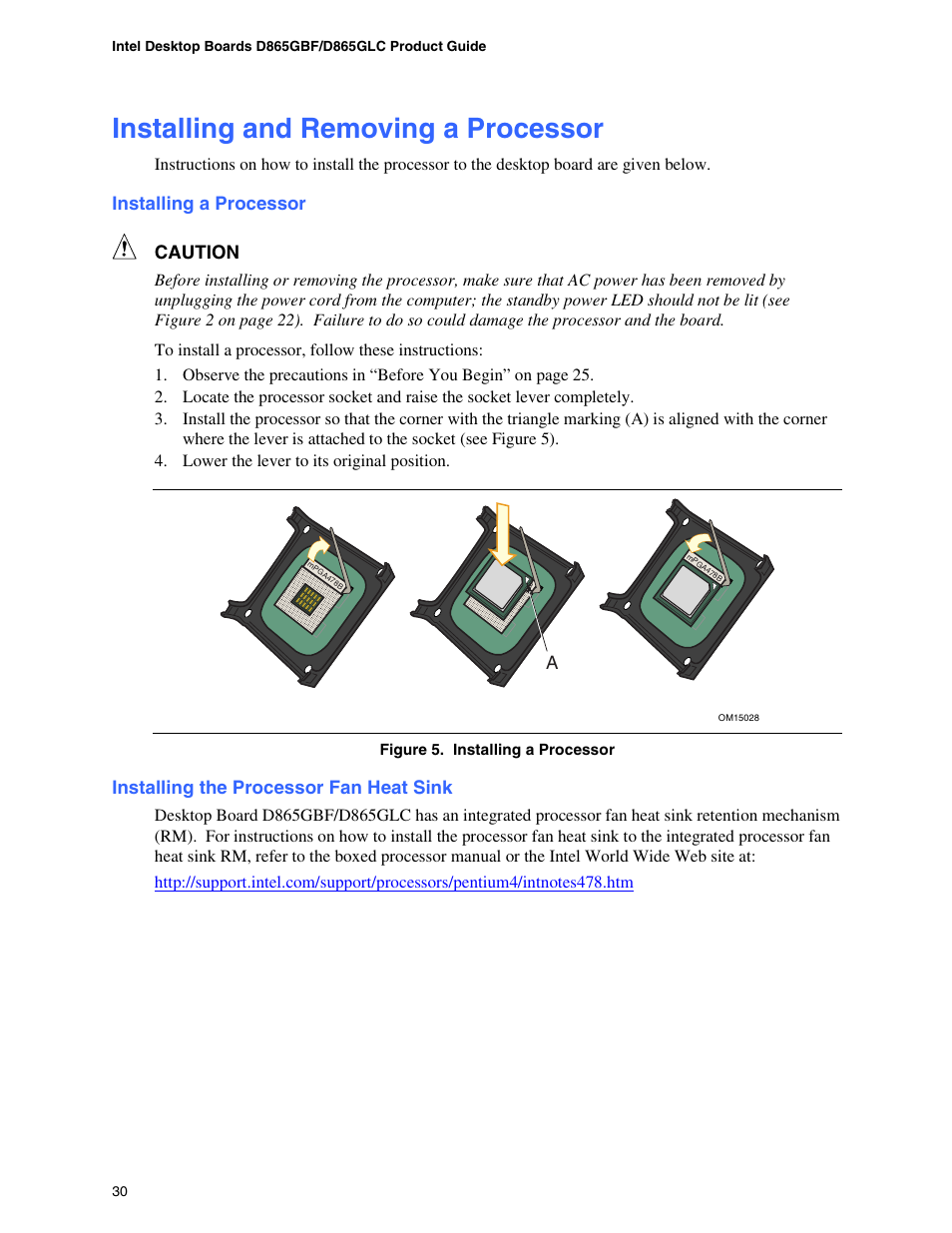 Installing and removing a processor, Installing a processor, Installing the processor fan heat sink | Installing and removing the desktop board, Ling and removing a processor, Location of desktop board mounting screw holes | Intel D865GBF User Manual | Page 30 / 94