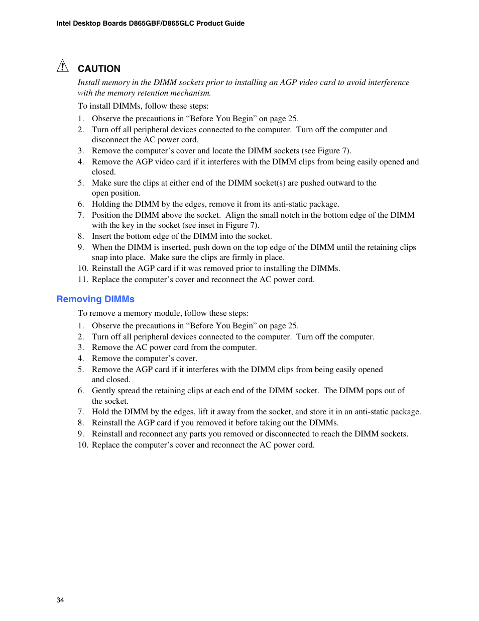 Removing dimms, Installing dimms | Intel D865GBF User Manual | Page 34 / 94