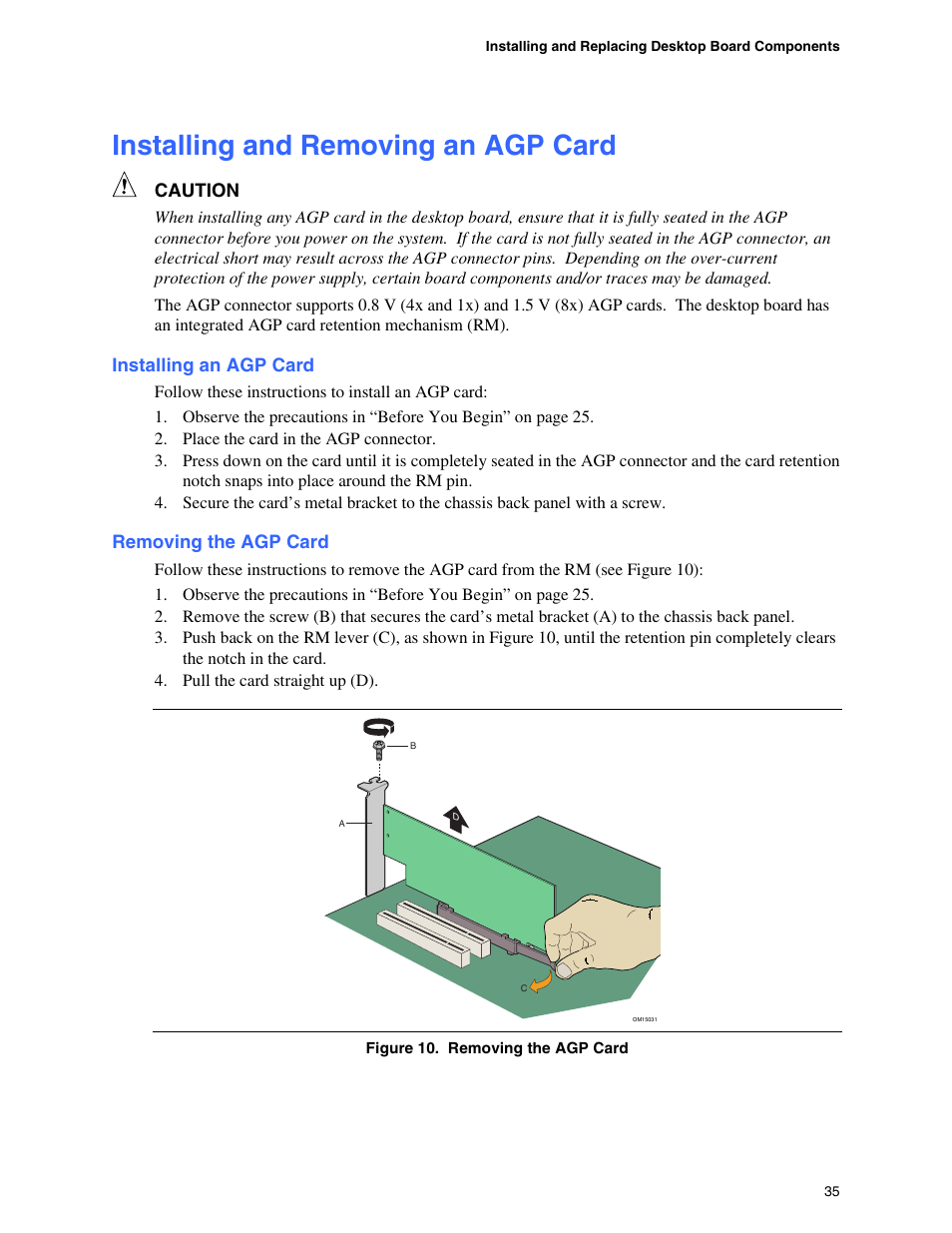 Installing and removing an agp card, Installing an agp card, Removing the agp card | Removing dimms, Ling and removing an agp card, Dual configuration example with four dimms | Intel D865GBF User Manual | Page 35 / 94