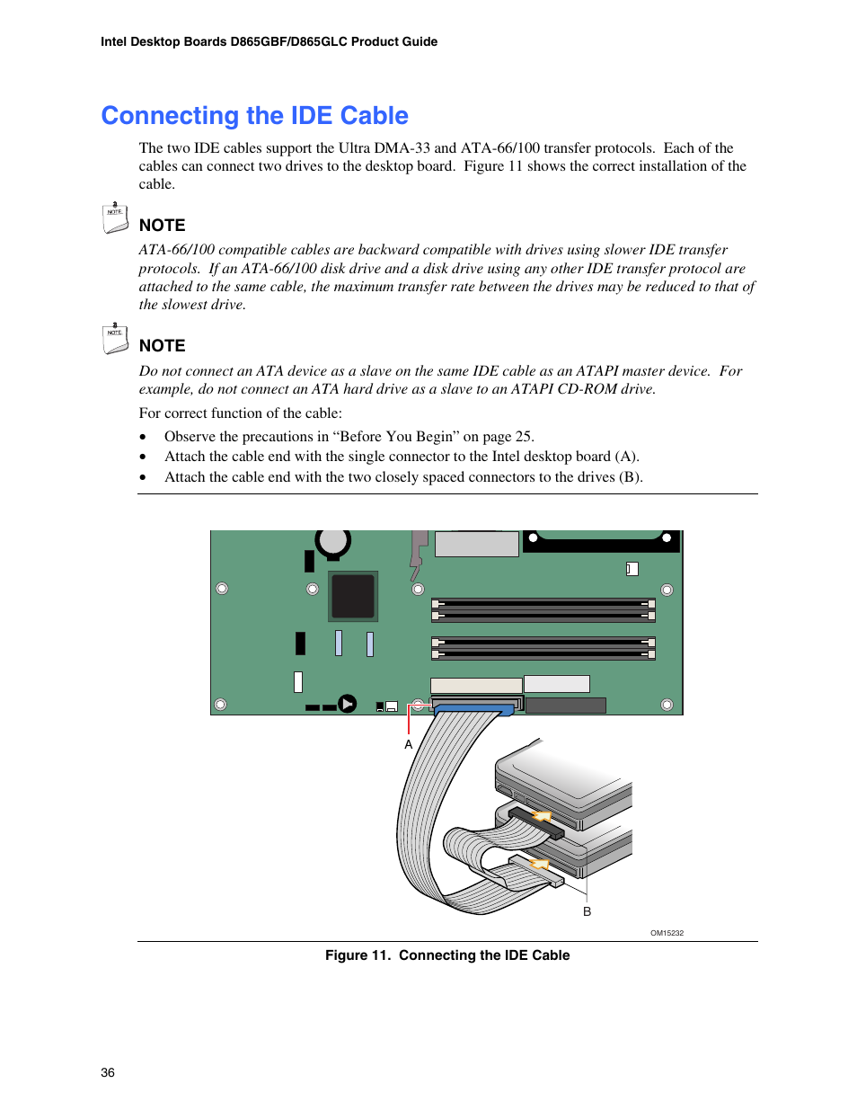 Connecting the ide cable, Removing the agp card | Intel D865GBF User Manual | Page 36 / 94