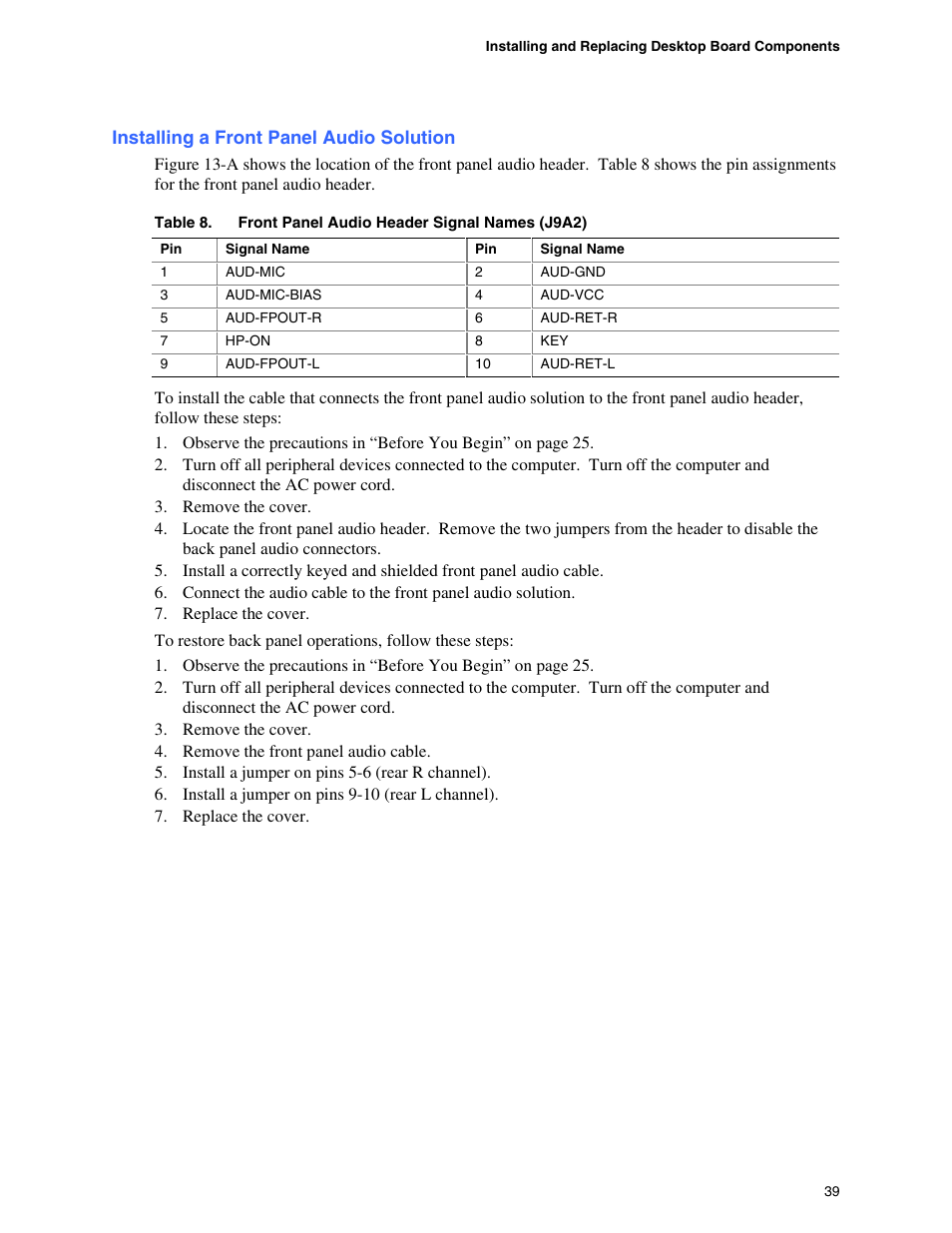 Installing a front panel audio solution, Onnecting internal headers, Rj-45 10/100 ethernet lan connector leds | Intel D865GBF User Manual | Page 39 / 94