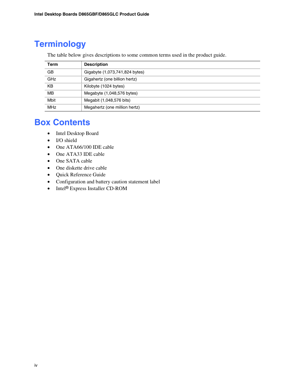 Terminology, Box contents | Intel D865GBF User Manual | Page 4 / 94