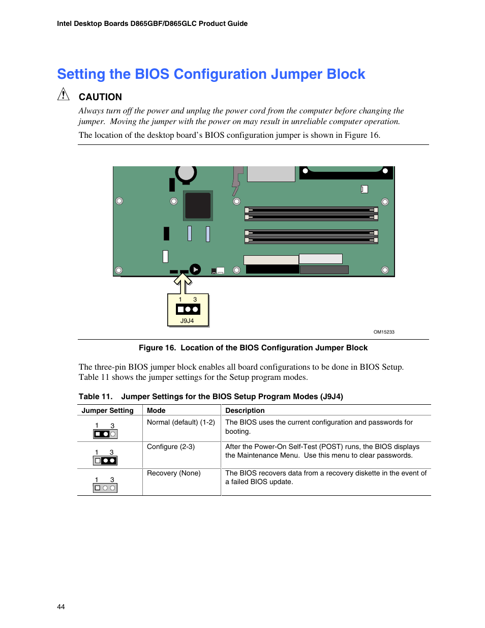 Setting the bios configuration jumper block, Connecting power cables, Usb 2.0 headers (j9f1 and j9h1) | Caution | Intel D865GBF User Manual | Page 44 / 94