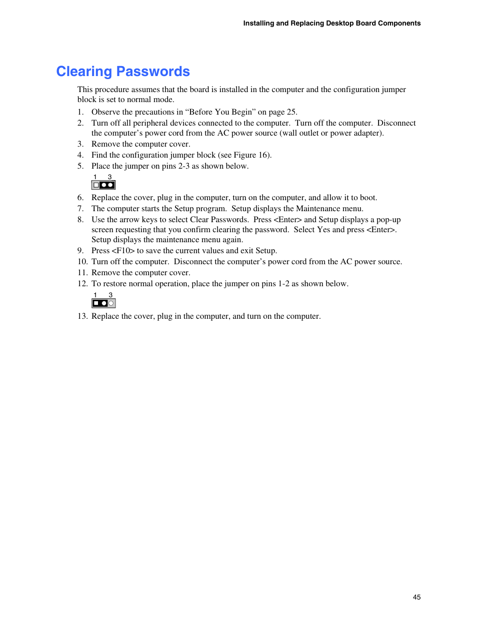 Clearing passwords, Setting the bios configuration jumper block | Intel D865GBF User Manual | Page 45 / 94