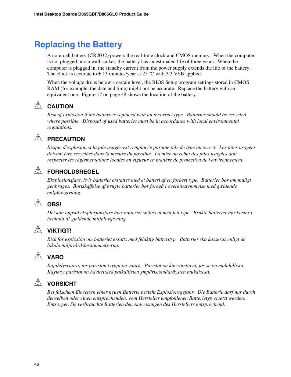 Replacing the battery, Clearing passwords | Intel D865GBF User Manual | Page 46 / 94