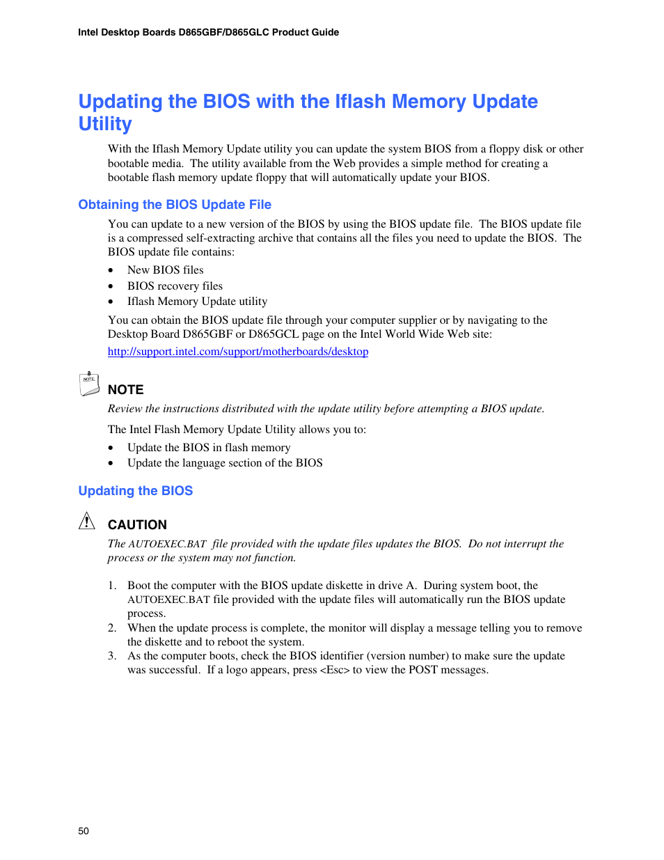 Obtaining the bios update file, Updating the bios, Updating the bios with the intel | Express bios update utility | Intel D865GBF User Manual | Page 50 / 94