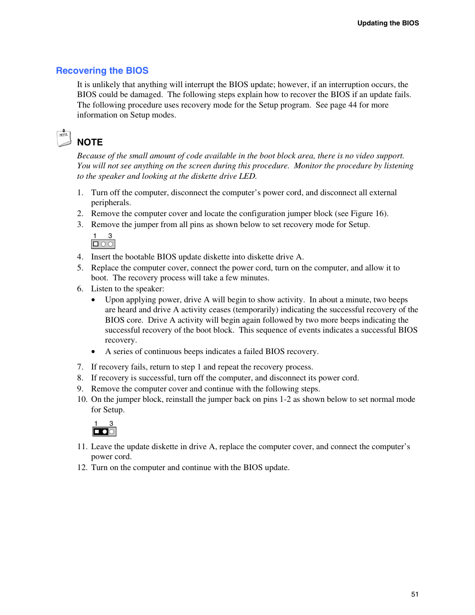 Recovering the bios, Updating the bios | Intel D865GBF User Manual | Page 51 / 94