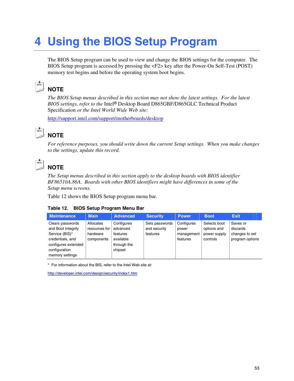 4 using the bios setup program, Front panel header (j9j1) | Intel D865GBF User Manual | Page 53 / 94