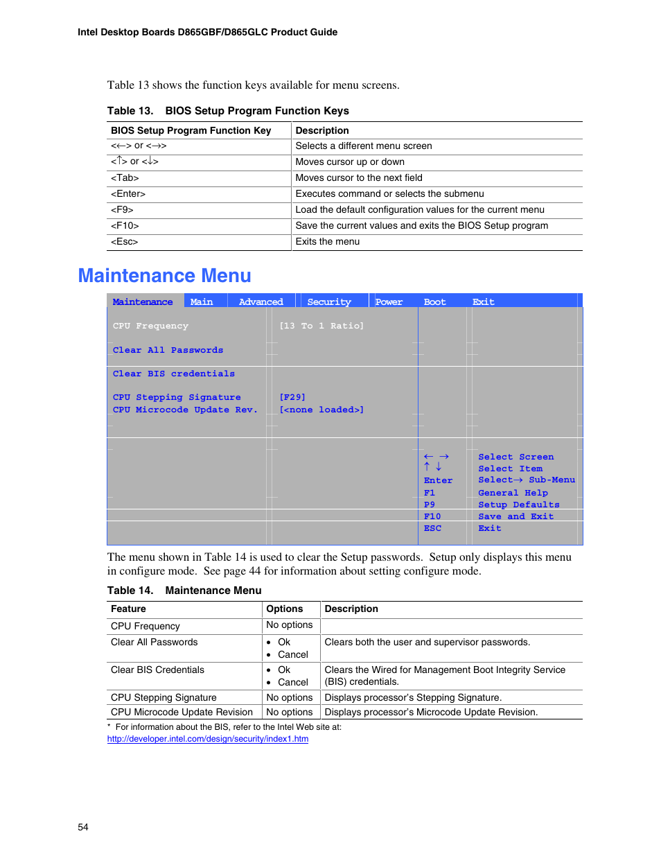 Maintenance menu, Using the bios setup program, Bios setup program menu bar | Intel D865GBF User Manual | Page 54 / 94