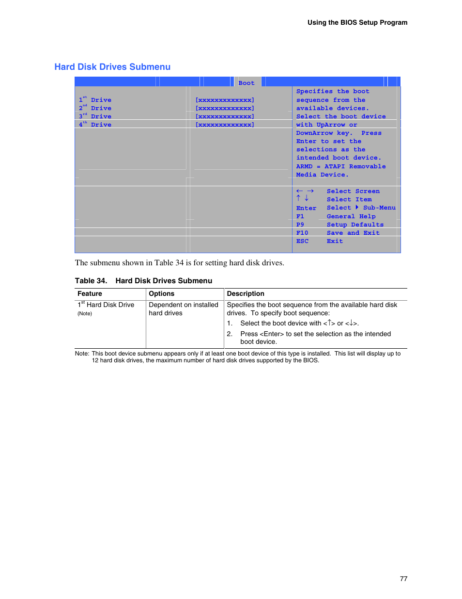 Hard disk drives submenu, Boot device priority submenu, Boot menu | Intel D865GBF User Manual | Page 77 / 94