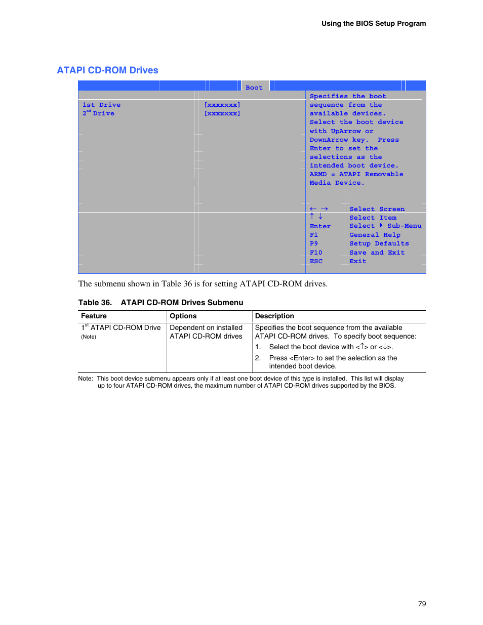 Atapi cd-rom drives, Removable devices submenu, Hard disk drives submenu | Intel D865GBF User Manual | Page 79 / 94