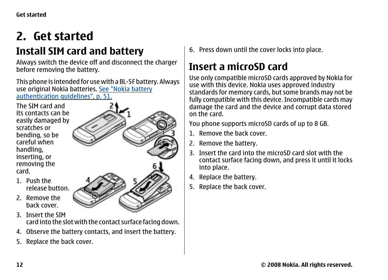 Get started, Install sim card and battery, Insert a microsd card | Nokia 6260 User Manual | Page 12 / 58